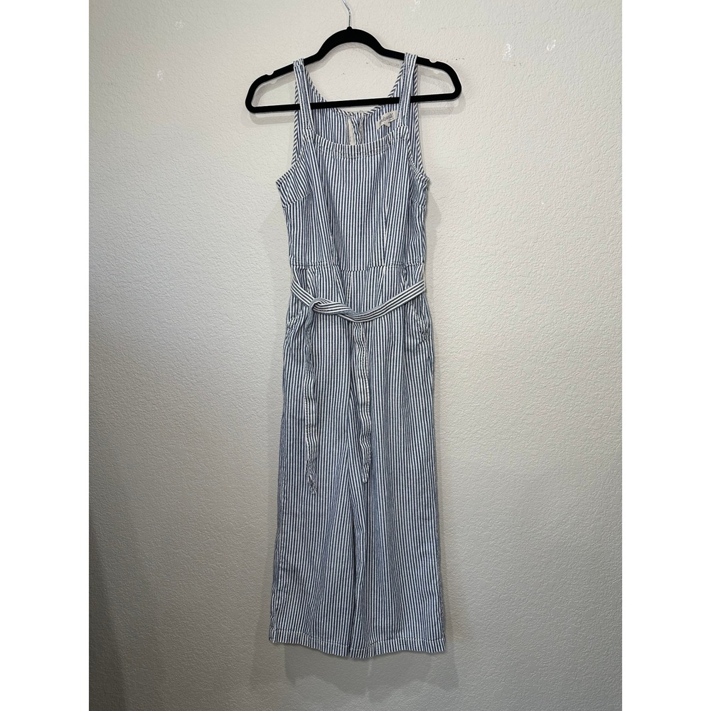 Madewell Blue White Striped Sleeveless Wide Leg Jumpsuit Size 6 Belted Pockets